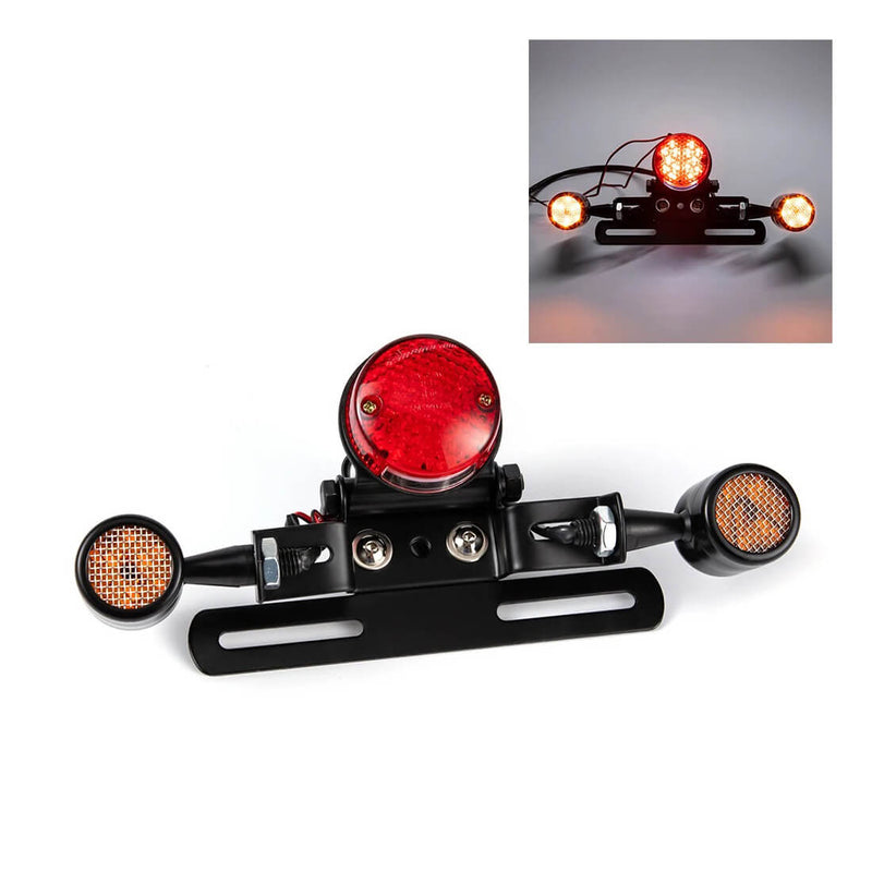 Carregue imagem no visualizador da galeriaFarolim traseiro LED 12V para moto com piscas âmbar e suporte de matrícula
