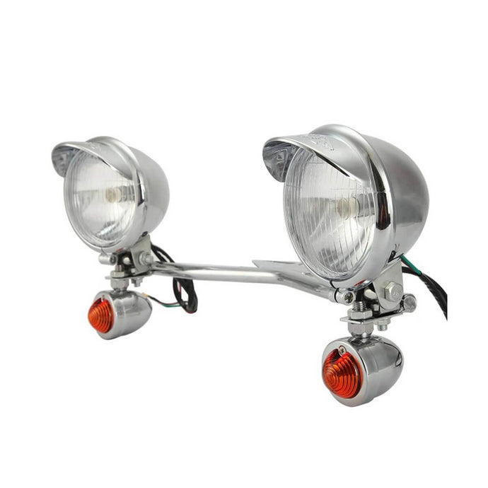 Conjunto farol frontal com piscas integrados 12V - Suporte universal cromado