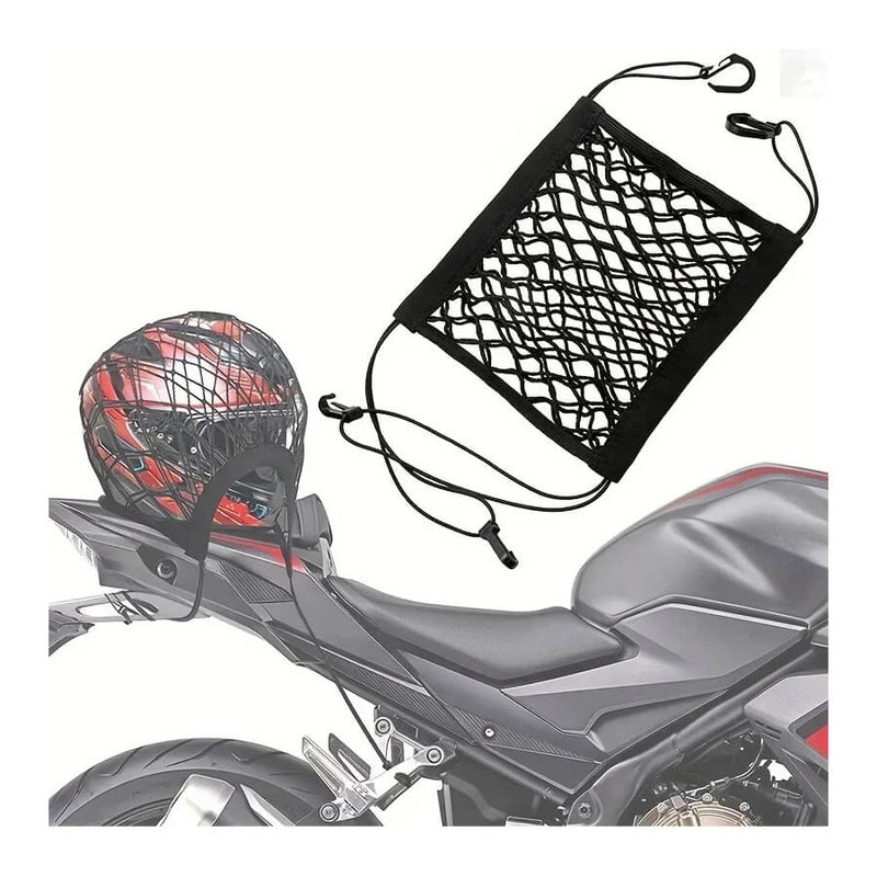 Carregue imagem no visualizador da galeriaRede elástica dupla camada para moto preta – transporte seguro de capacetes e bagagem
