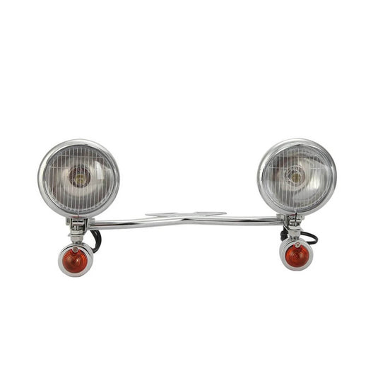 Conjunto farol frontal com piscas integrados 12V - Suporte universal cromado