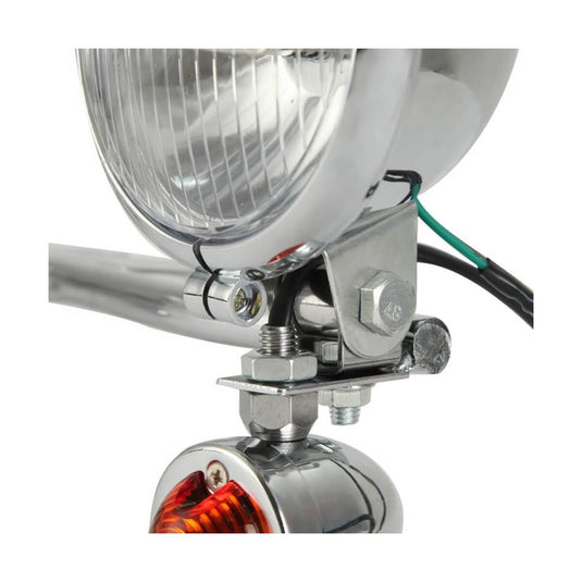 Conjunto farol frontal com piscas integrados 12V - Suporte universal cromado