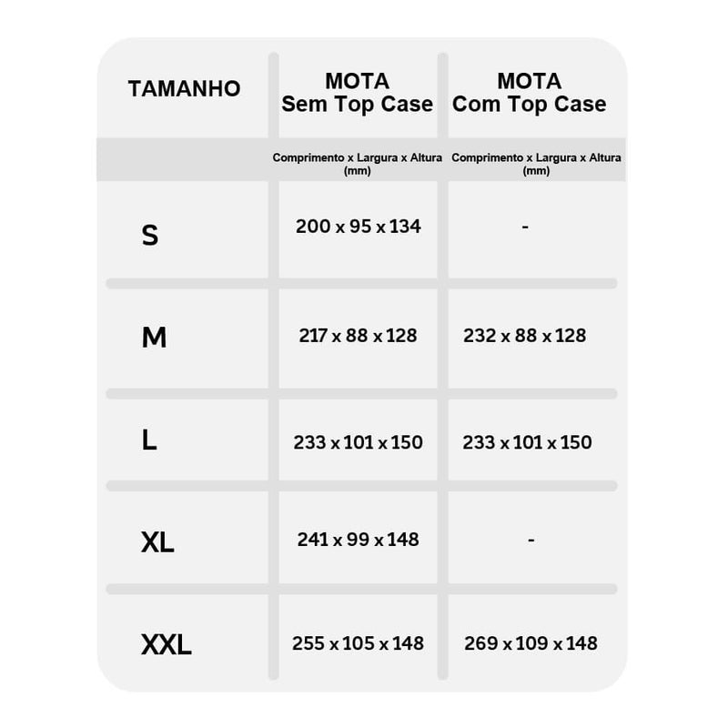 Carregue imagem no visualizador da galeriaTabela de tamanhos para capa de moto Wagen Cover Deluxe
