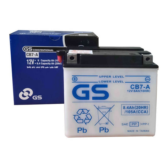 Bateria GS Yuasa CB7-A DC 12V 8Ah — 105A CCA, convencional com adição de ácido