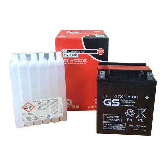 Bateria GS GTX14A-BS 12V 12.6Ah MF selada para moto - 190A CCA, positivo à esquerda