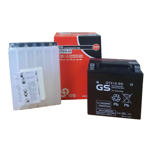 Bateria GS GTX16-BS 12V 14.7Ah MF selada para moto - 230A CCA, positivo à esquerda