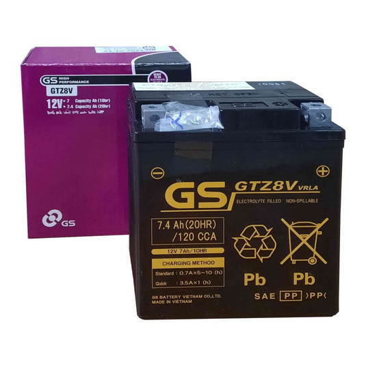 Bateria GS GTZ8V 12V 7.4Ah MF alta performance para moto - 120A CCA, positivo à direita