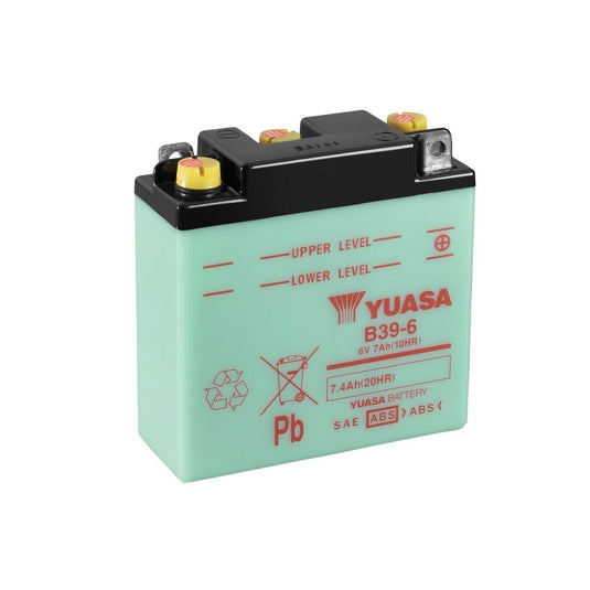 Bateria GS Yuasa B39-6 6V 7.4Ah — bateria ciclomotor moto clássica vintage chumbo-ácido terminal positivo à direita