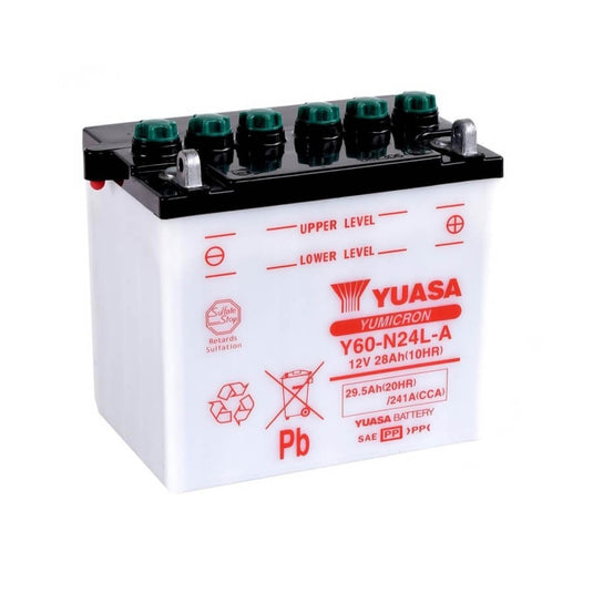 Bateria Yuasa Y60-N24L-A 12V 29.5Ah 241A CCA — bateria moto grande cilindrada chumbo-ácido terminal positivo à direita