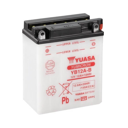 Bateria Yuasa YB12A-B 12V 12.6Ah 150A CCA — bateria moto chumbo-ácido terminal positivo à esquerda