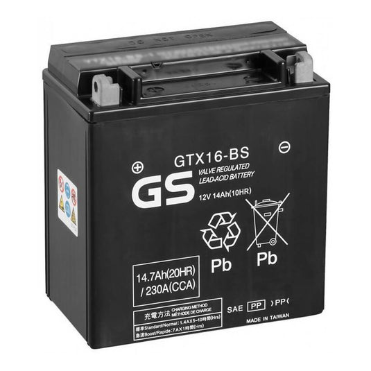 Bateria GS GTX16-BS-1 12V 14.7Ah MF selada para moto - 230A CCA, positivo à esquerda