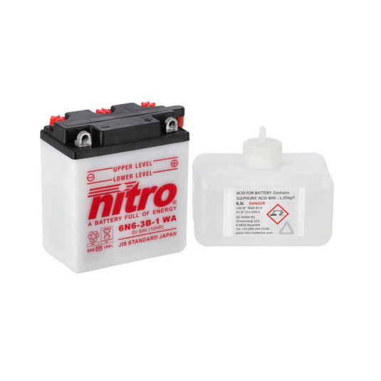 Bateria Nitro 6N6-3B-1 6V 6Ah com Eletrólito — bateria ciclomotor moto clássica vintage terminal positivo à direita