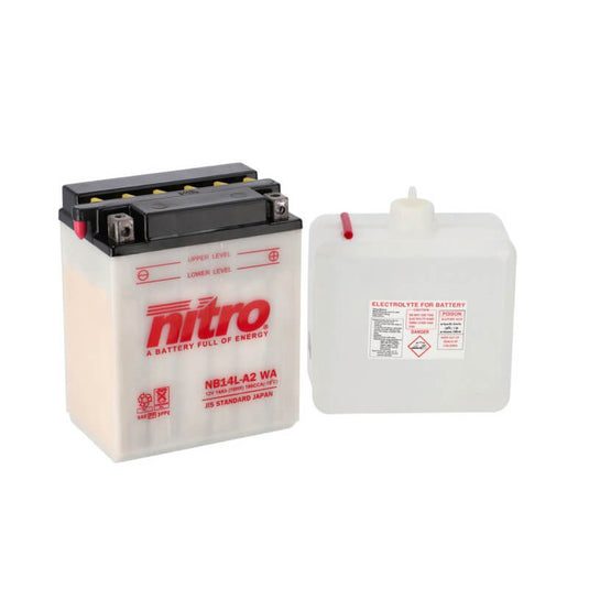 Bateria Nitro NB14L-A2 12V 14Ah 175A CCA com Eletrólito — bateria moto grande cilindrada chumbo-ácido terminal positivo à direita