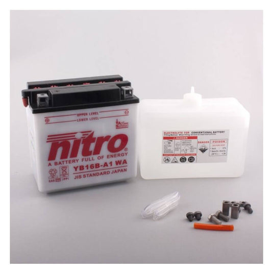 Bateria Nitro YB16B-A1 12V 16Ah 200A CCA com Eletrólito — bateria moto grande cilindrada chumbo-ácido terminal positivo à esquerda
