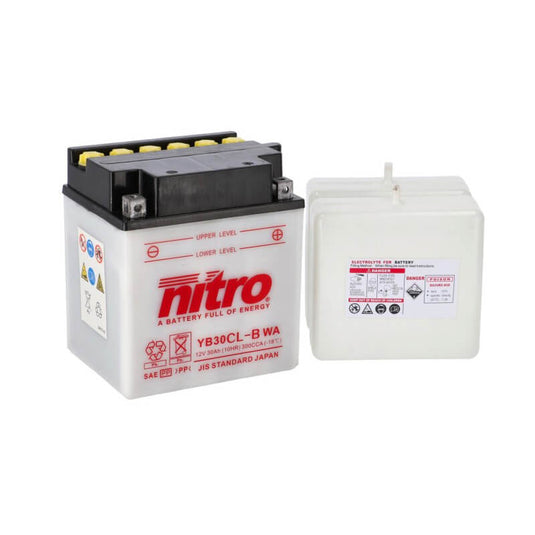 Bateria Nitro YB30CL-B 12V 30Ah 300A CCA com Eletrólito — bateria moto grande cilindrada jet-ski moto aquática chumbo-ácido terminal positivo à direita