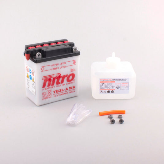 Bateria Nitro NB3L-A 12V 3Ah com Eletrólito — bateria scooter moto pequena cilindrada chumbo-ácido terminal positivo à direita