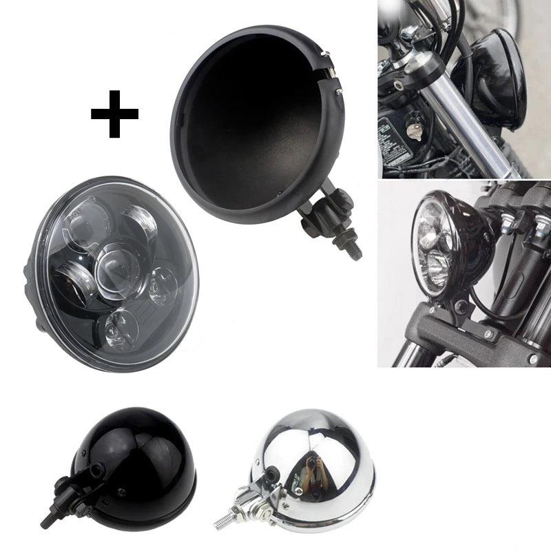 Carregue imagem no visualizador da galeriaFarol frontal suporte com inferior LED 5.75 pol cafe racer bobber chopper
