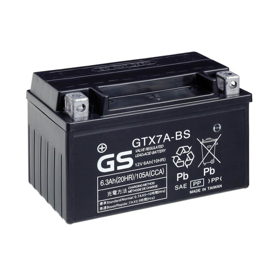 Bateria GS GTX7A-BS 12V 6.3Ah MF selada para moto - 105A CCA, positivo à esquerda