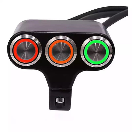 Comutador iluminado 3 botões auto reset luz vermelha laranja e verde 22 mm alumínio moto