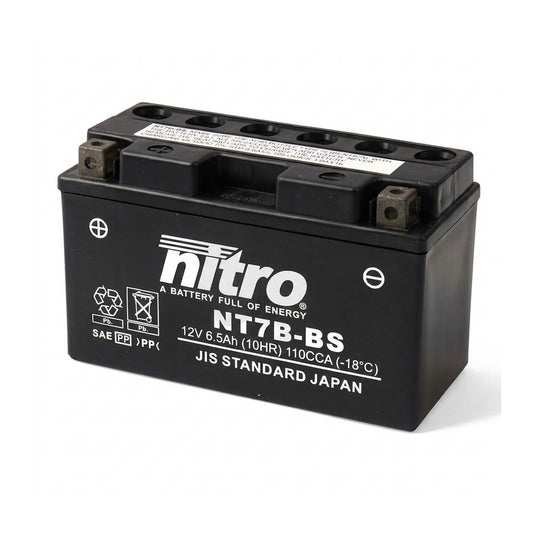 Bateria NITRO NT7B-BS 12V 6,5Ah MF selada para moto – 110A CCA, 150x65x93mm