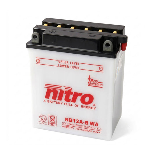 Bateria Nitro NB12A-B 12V 12Ah 165A CCA com Eletrólito — bateria moto média grande cilindrada chumbo-ácido terminal positivo à esquerda
