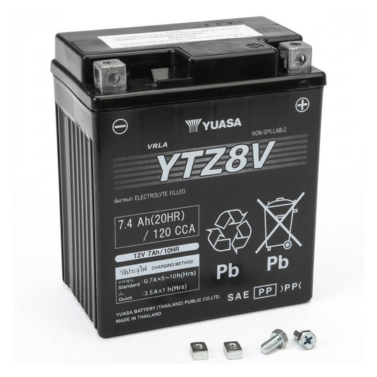 Bateria YUASA YTZ8V 12V 7.4Ah MF selada para moto - 120A CCA, positivo à direita