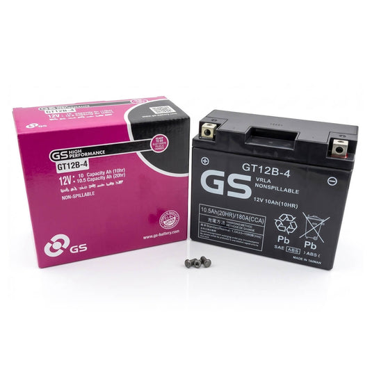 Bateria GS GT12B-4 12V 10Ah AGM selada para moto - 180A CCA, positivo à esquerda