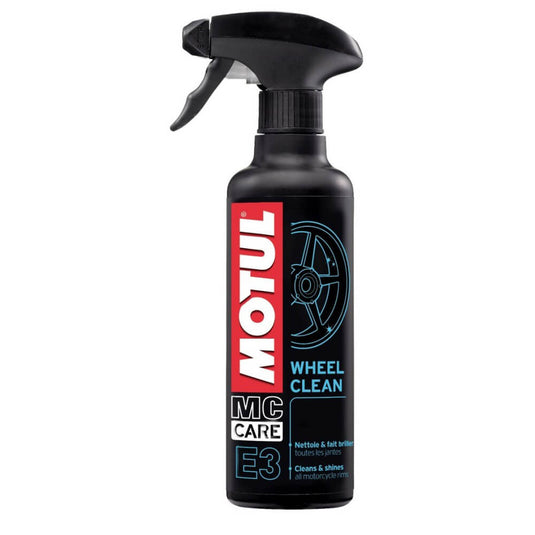Motul E3 Wheel Clean 400 ml, limpa-jantes para moto em embalagem preta com pulverizador
