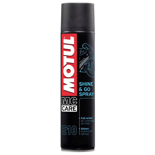 Motul E10 Shine & Go Spray 400 ml, abrilhantador para moto em embalagem preta de aerossol