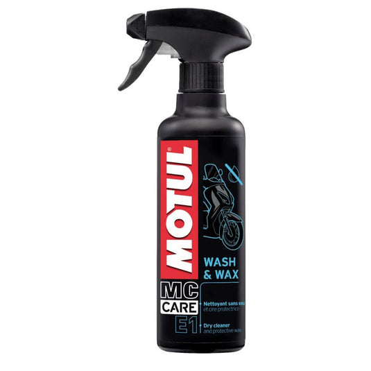 Motul E1 Wash & Wax 400 ml, produto de limpeza e enceramento da moto em embalagem com pulverizador