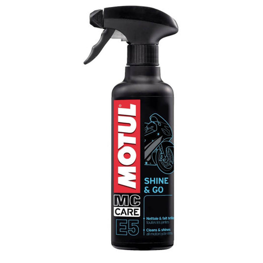 Motul E5 Shine & Go 400 ml, abrilhantador para moto em embalagem preta com pulverizador