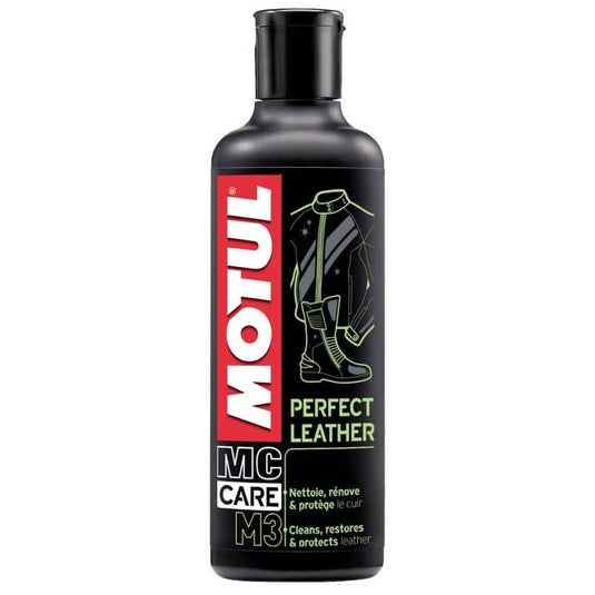 Motul M3 Perfect Leather 250 ml, produto de limpeza e cuidado de equipamento de moto em pele em embalagem preta