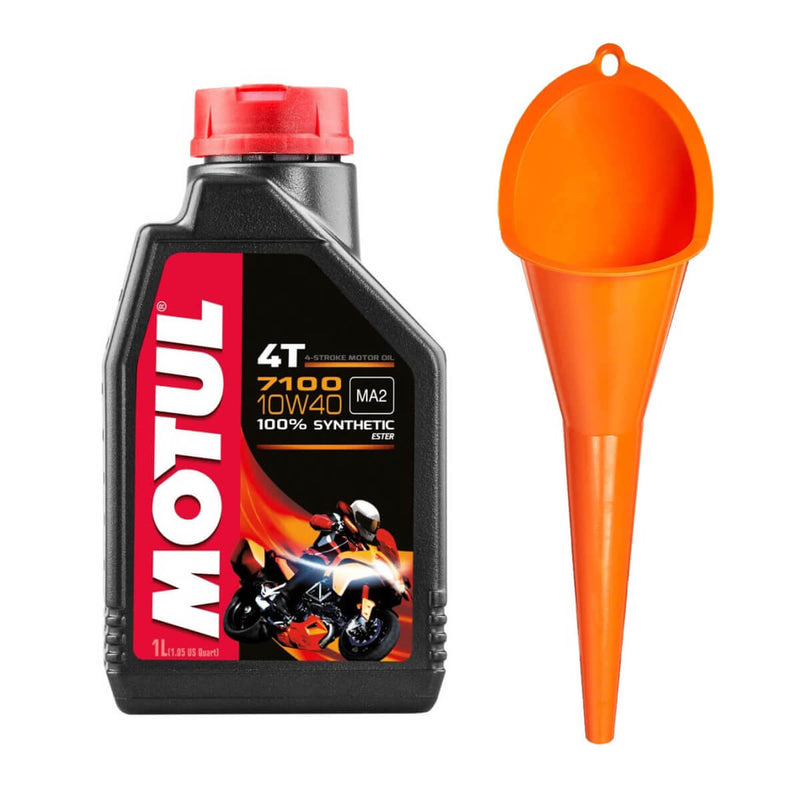 Carregue imagem no visualizador da galeriaÓleo motor Motul 7100 10W40 4T 1L 100% sintético com funil — lubrificante éster JASO MA2 para motos 4 tempos
