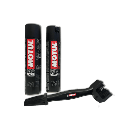 Pack Motul C1 Chain Clean e C3 Chain Lube Off Road com escova para limpeza e lubrificação da corrente de moto