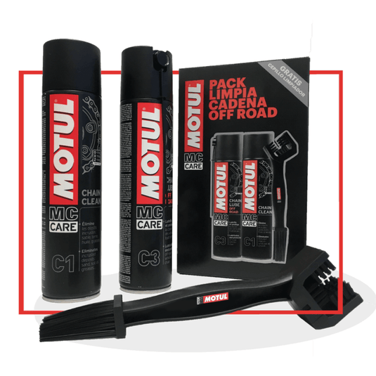 Embalagem do pack Motul C1 + C3 Off-Road com limpa-correntes, lubrificante e escova para corrente de moto