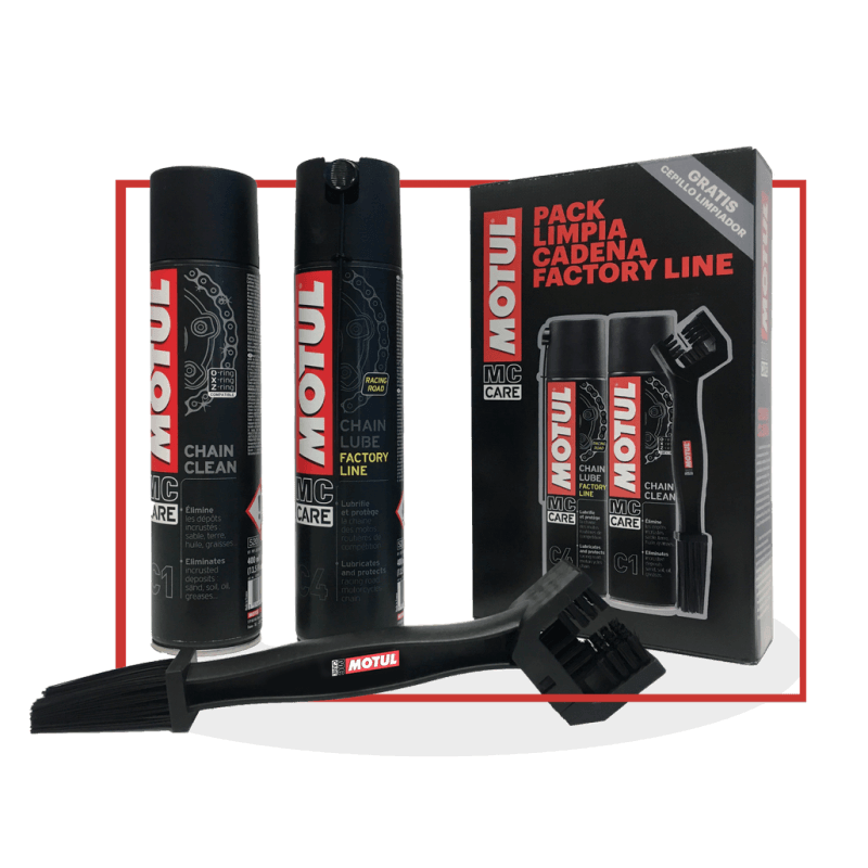 Carregue imagem no visualizador da galeriaEmbalagem do pack Motul C1 + C4 Factory Line com sprays de limpeza e lubrificação e escova para corrente de moto
