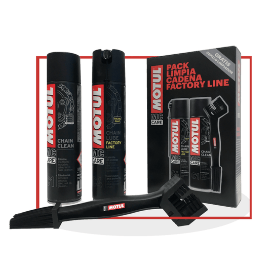 Embalagem do pack Motul C1 + C4 Factory Line com sprays de limpeza e lubrificação e escova para corrente de moto