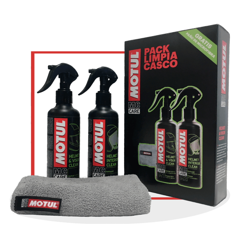 Load image into Gallery viewer, Embalagem do pack Motul M1 + M2 para limpeza do capacete e da viseira, com dois pulverizadores e pano cinzento
