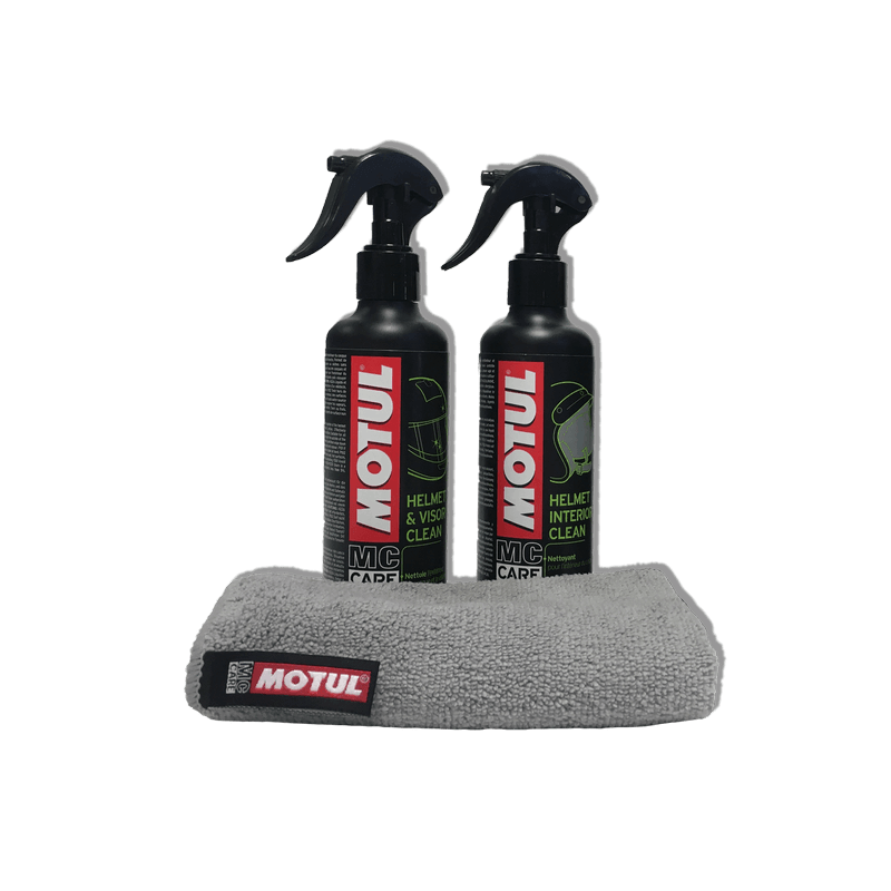 Load image into Gallery viewer, Pack Motul M1 + M2 com produtos de limpeza interior e exterior do capacete de moto e pano cinzento
