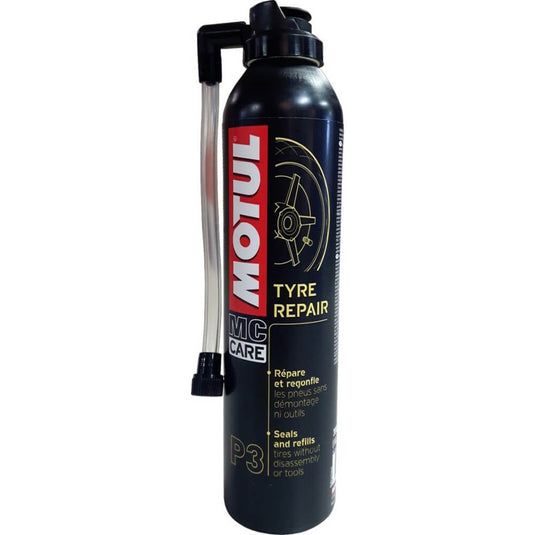 Motul P3 Tyre Repair 300 ml, repara-pneus de emergência para moto com tubo de aplicação na válvula