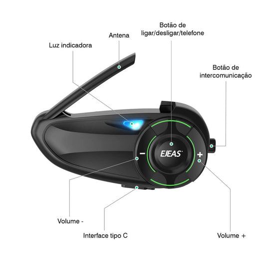 Intercomunicador EJEAS Q8 Bluetooth 5.1 Mesh - Sistema comunicação 6 motociclistas 1000m