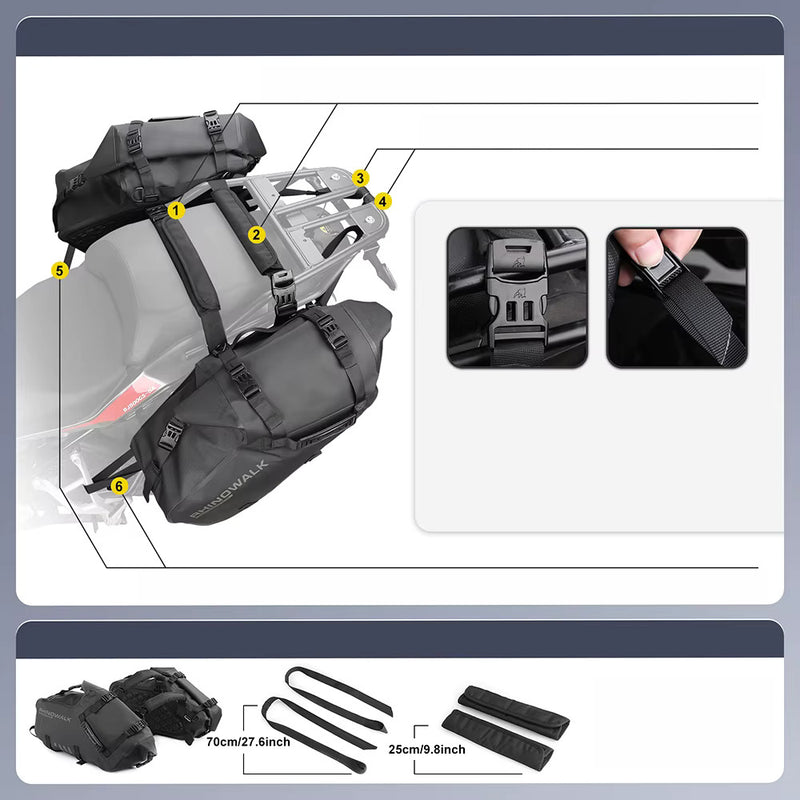 Carregue imagem no visualizador da galeriaSacos laterais para moto Rhinowalk 18L/28L/48L - Impermeáveis com sistema de fixação sem suporte

