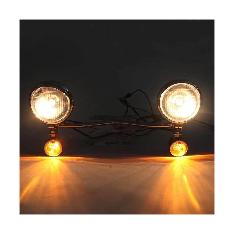 Carregue imagem no visualizador da galeriaConjunto farol frontal com piscas integrados 12V - Suporte universal cromado
