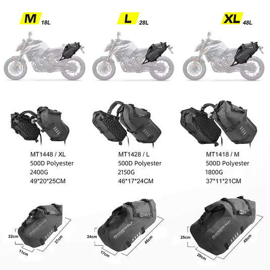 Sacos laterais para moto Rhinowalk 18L/28L/48L - Impermeáveis com sistema de fixação sem suporte
