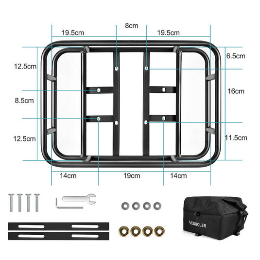 Cesto traseiro metal 30kg para bicicleta - vista dimensões e capacidade