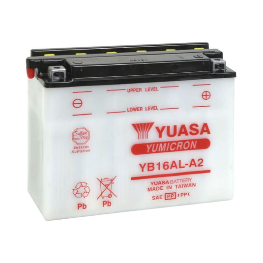 Bateria Yuasa YB16AL-A2 12V 16.8Ah 210A CCA — bateria moto chumbo-ácido terminal positivo à direita