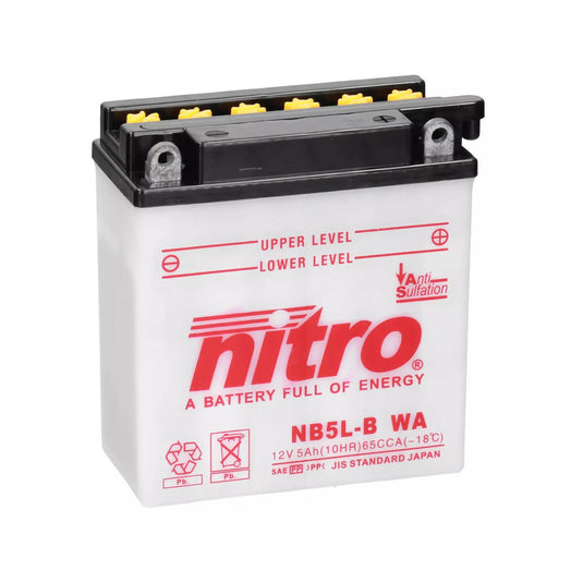 Bateria Nitro NB5L-B 12V 5Ah 65A CCA com Eletrólito — bateria scooter moto pequena cilindrada chumbo-ácido terminal positivo à direita