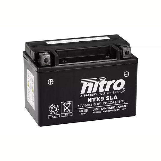 Bateria NITRO NTX9-SLA 12V 8Ah Gel - vista lateral, terminais positivo à esquerda
