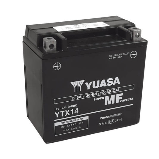 Bateria Yuasa YTX14 12V 12Ah — 200A CCA, tecnologia AGM sem manutenção