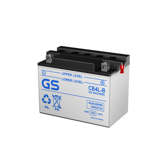Bateria GS Yuasa CB4L-B 12V 4Ah — 45A CCA, convencional com adição de ácido
