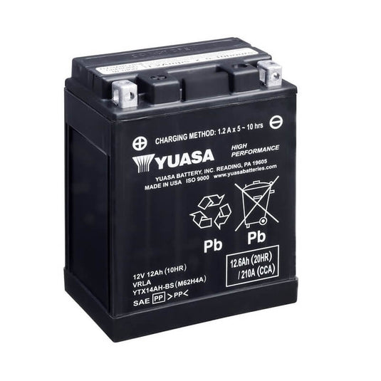 Bateria Yuasa YTX14AH-BS 12V 12Ah — 210A CCA, tecnologia AGM sem manutenção